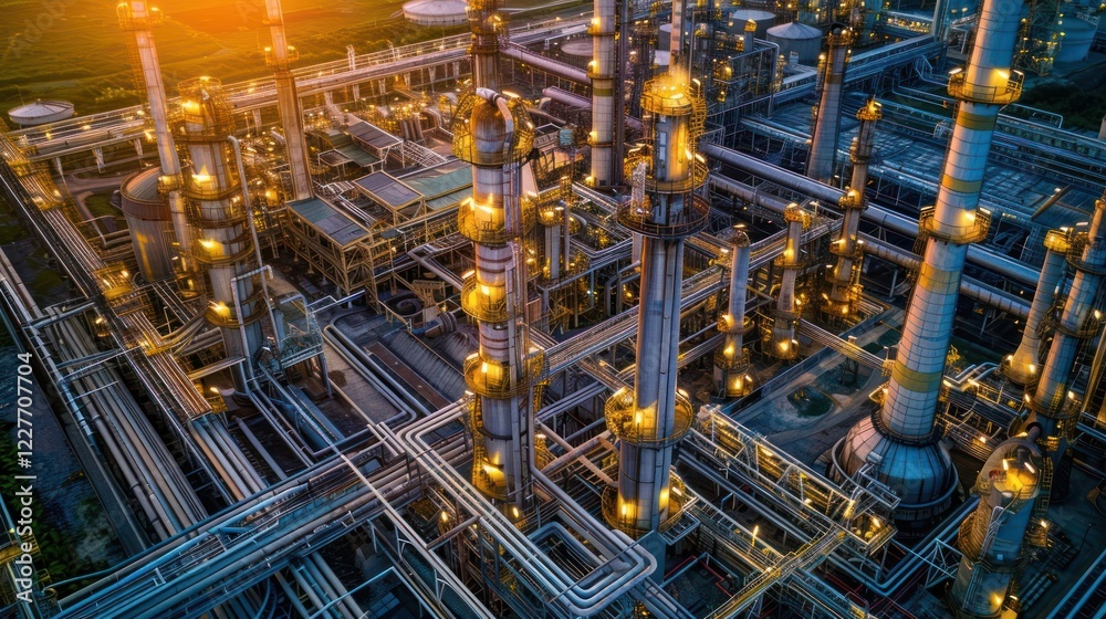 Aerial view of a bustling industrial complex at sunset, showcasing illuminated pipelines and towers Aerial view of a bustling industrial complex at sunset, showcasing illuminated pipelines and towers