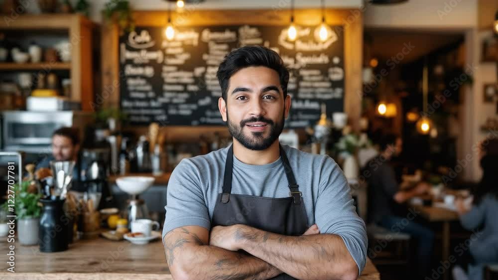 A friendly barista stands confidently behind the counter with arms crossed, surrounded by a lively cafe atmosphere in an urban setting A friendly barista stands confidently behind the counter with arms crossed, surrounded by a lively cafe atmosphere in an urban setting