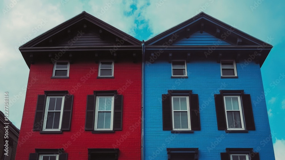 Vibrant red and blue houses with contrasting colors showcasing architectural beauty and urban creativity against a cloudy sky. Vibrant red and blue houses with contrasting colors showcasing architectural beauty and urban creativity against a cloudy sky.
