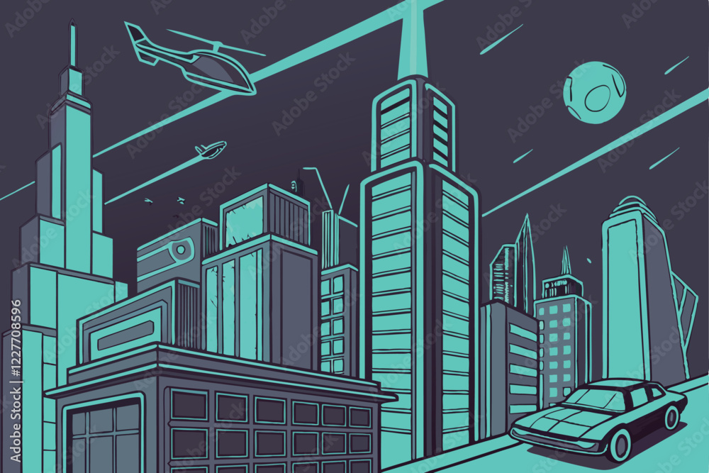 Fototapeta premium Futuristic city skyline, neon lights, flying cars, cyberpunk aesthetic, dense urban landscape, soaring skyscrapers, holographic billboards, high-tech transportation, glowing energy streams, sci-fi met