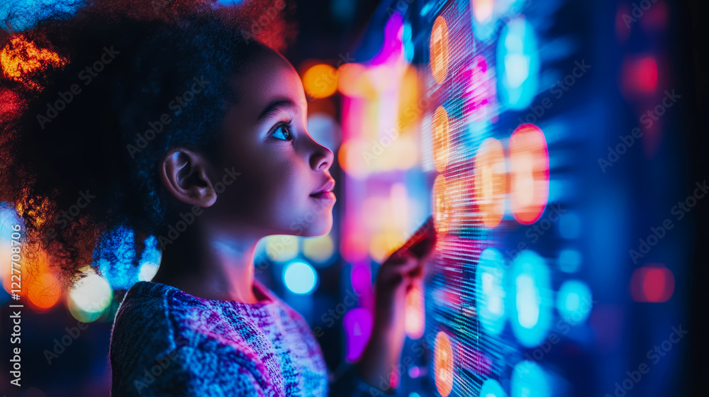 Child Exploring Neon Digital Interface: A Futuristic Scene Child Exploring Neon Digital Interface: A Futuristic Scene
