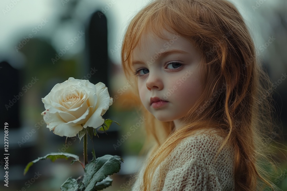 Naklejka premium Thoughtful child with rose in a serene graveyard setting