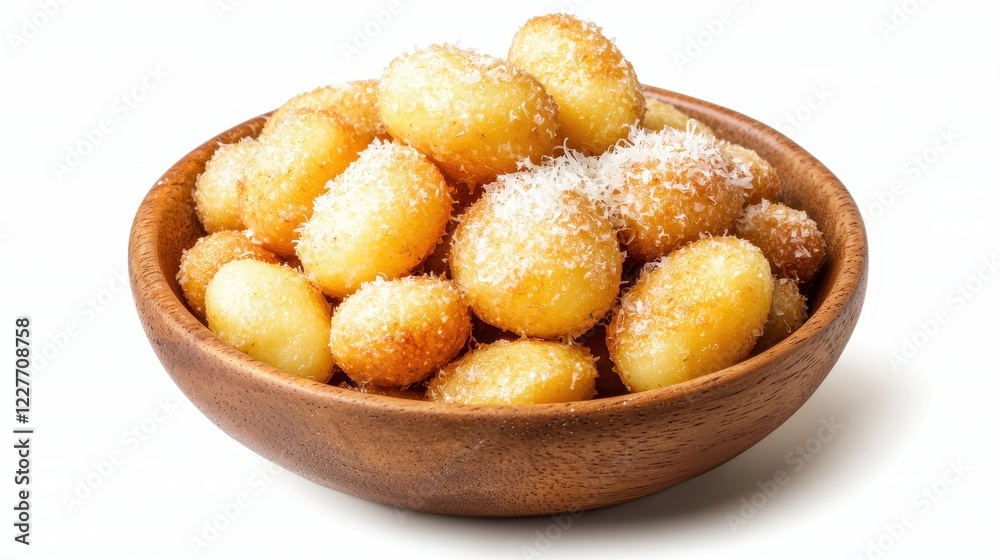 Delicious Golden Potato Dumplings Served in a Wooden Bowl with Coconut Topping Delicious Golden Potato Dumplings Served in a Wooden Bowl with Coconut Topping