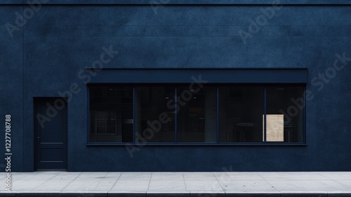 Navy blue commercial building facade with large windows and minimalist design in an urban setting showcasing modern architecture. photo