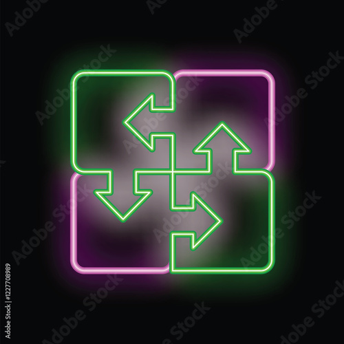 Neon green and purple arrows pointing in different directions on a black background