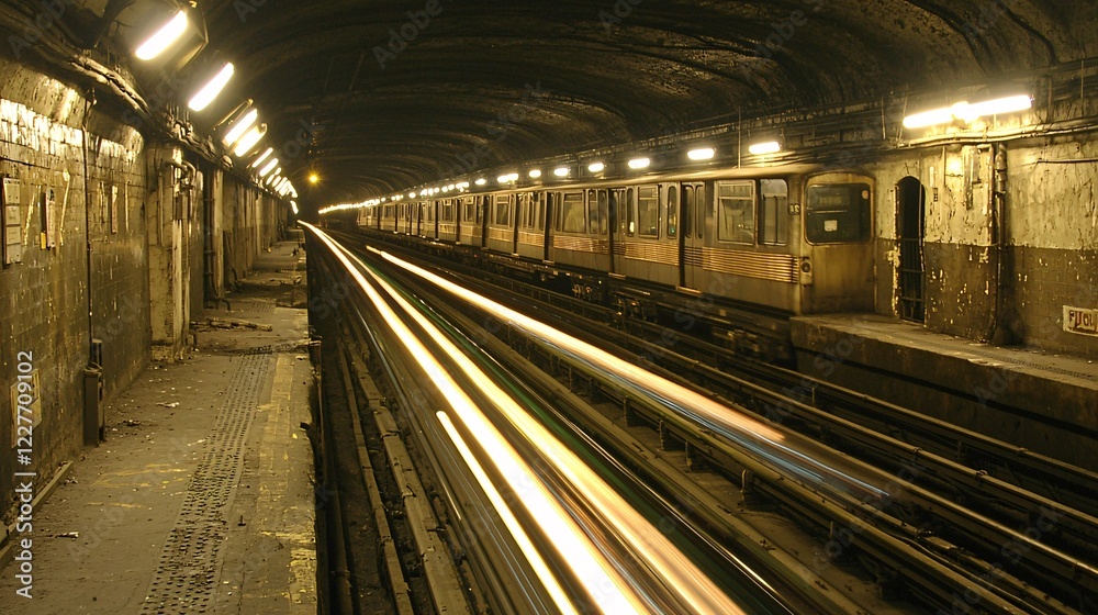 Naklejka premium exposure shot of an underground tunnel with light trails of passing trains creating dynamic visual effects. Underground railway tunnel transportation 