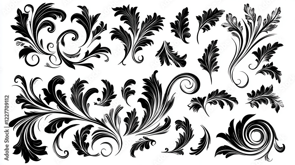 Black and white illustration of various ornate floral designs, featuring swirling leaves and acanthus like motifs. The image is a collection of Black and white illustration of various ornate floral designs, featuring swirling leaves and acanthus like motifs. The image is a collection of