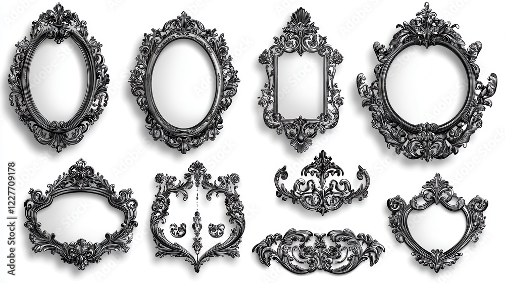 Obraz premium Collection of ornate black decorative frames with intricate designs and drop shadows on white background. Various shapes and sizes included, perfect
