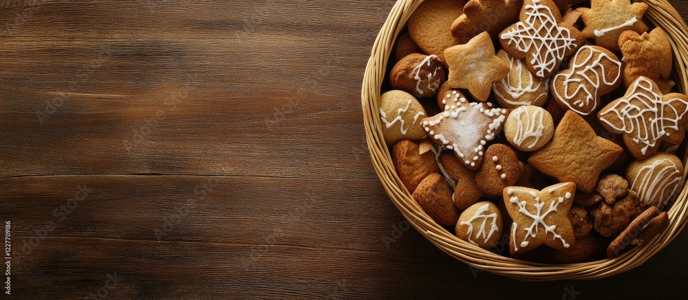Assorted Christmas gingerbread cookies in a basket on wooden background with empty space for holiday decoration text top view flat lay Assorted Christmas gingerbread cookies in a basket on wooden background with empty space for holiday decoration text top view flat lay