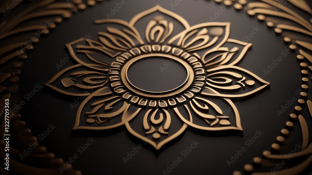 Naklejka premium Close up view of an ornate gold mandala design on a dark background. Intricate details and textures are visible, creating a luxurious and elegant