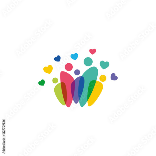 family, community, people logo with love heart symbol icon in vector design style full color overlapping flat template