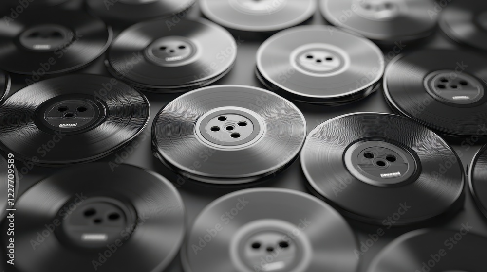 Close up view of numerous black vinyl records arranged in overlapping layers, showcasing a reflective surface and subtle grooves. The image has a Close up view of numerous black vinyl records arranged in overlapping layers, showcasing a reflective surface and subtle grooves. The image has a