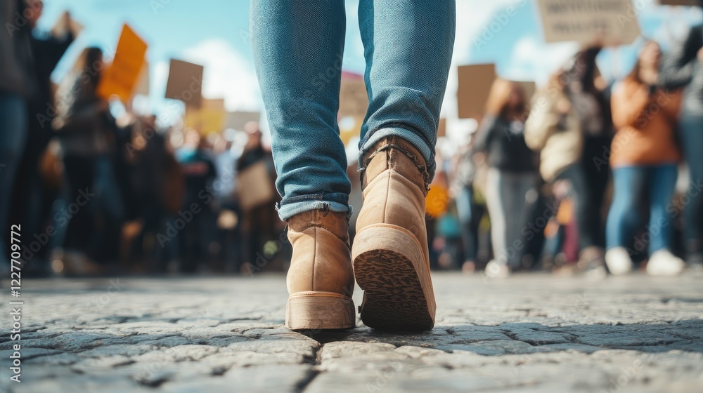 Fototapeta premium Close up of diverse feet of demonstrators in a crowd during a protest showcasing unity and activism on city streets.