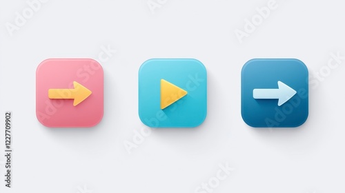 Free Download Three pastel colored square buttons with arrow and play icons. Soft shadows provide a 3D effect against a white background. Simple and minimalist - GFXLoad