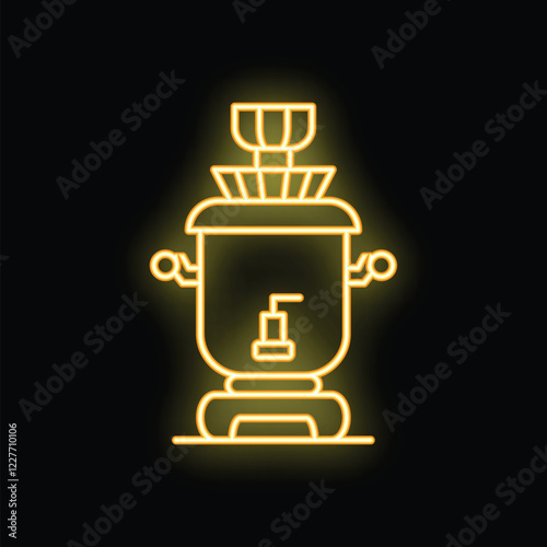 Yellow neon line russian samovar icon isolated on black background, representing tea time with sweets