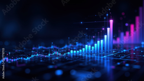 A dynamic digital interface with colorful graphs and charts on a futuristic grid background.