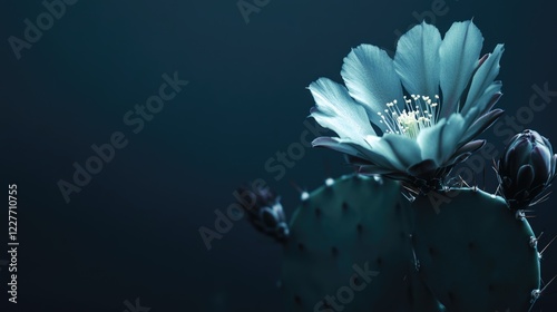 Cactus flower bloom illuminated against dark backdrop with space for text adding a touch of elegance and nature's beauty. photo