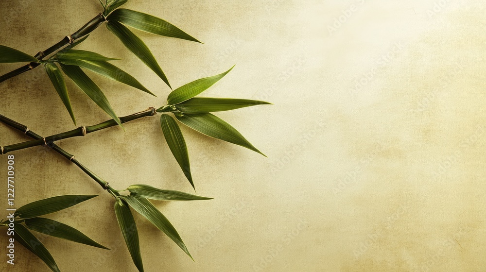 Bamboo leaves against a textured gold background creating a serene and natural atmosphere for relaxation or wellness themes Bamboo leaves against a textured gold background creating a serene and natural atmosphere for relaxation or wellness themes