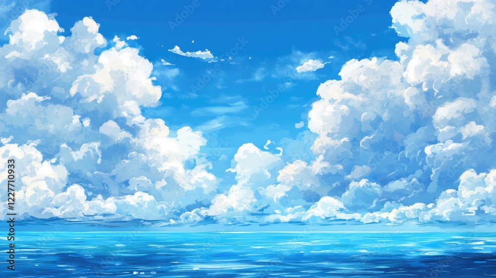 Fototapeta Vibrant blue ocean under a bright sky filled with fluffy clouds creating a serene atmosphere perfect for text overlay
