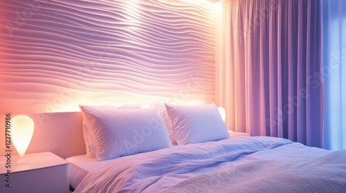 Elegant Bedroom with Serene Pastel Lighting and Textured Wall for a Calm and Stylish Atmosphere photo