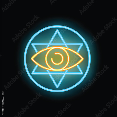 Neon sign glowing in the dark, representing the concept of clairvoyance and spirituality with an eye and a star of david