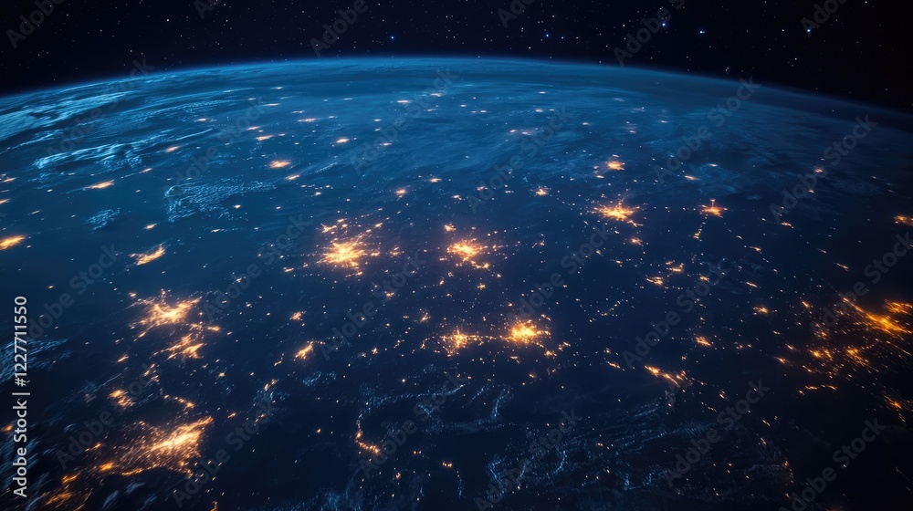 Aerial view of Earth at night highlighting illuminated cities and vibrant atmospheric colors in a cosmic setting Aerial view of Earth at night highlighting illuminated cities and vibrant atmospheric colors in a cosmic setting