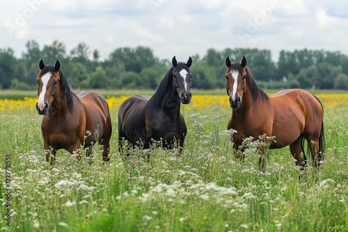 Trio of horses standing in a vibrant green field with wildflowers