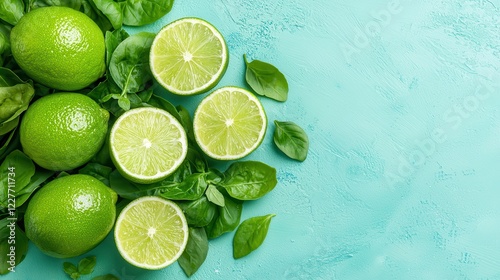 Fresh Green Limes and Basil Leaves on a Bright Turquoise Background