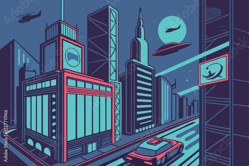 Futuristic city skyline, neon lights, flying cars, cyberpunk aesthetic, dense urban landscape, soaring skyscrapers, holographic billboards, high-tech transportation, glowing energy streams, sci-fi met