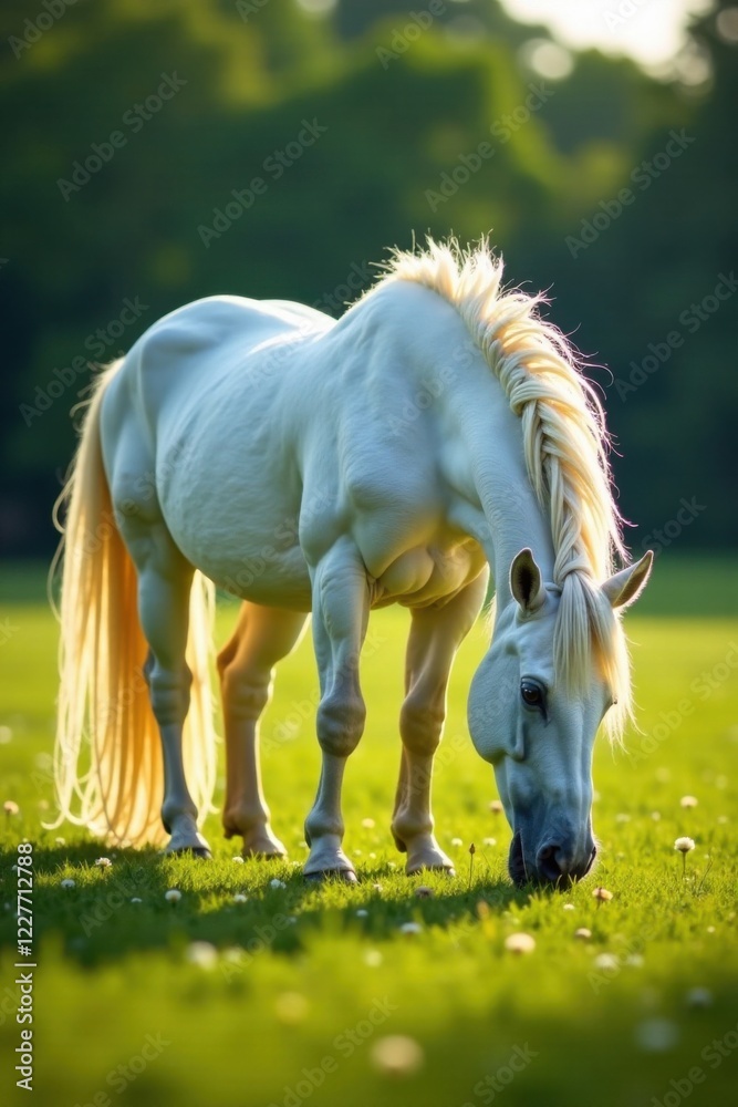 Majestic unicorn mare grazing in a lush meadow, horse, grass, nature Majestic unicorn mare grazing in a lush meadow, horse, grass, nature