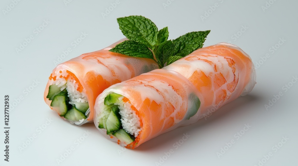 Fresh and Colorful Sushi Rolls with Mint Leaves on Minimalist Background Fresh and Colorful Sushi Rolls with Mint Leaves on Minimalist Background