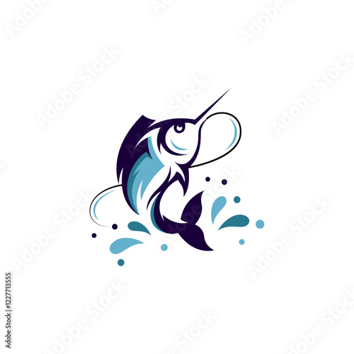 marlin fishing logo with water splash in flat vector design style