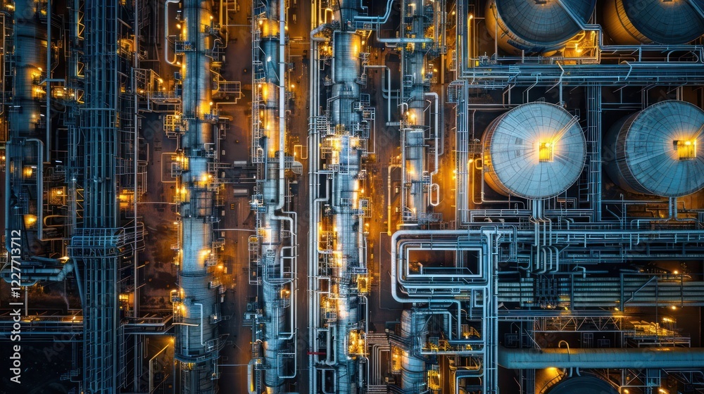 Aerial view of an industrial complex with illuminated pipelines and storage tanks at night Aerial view of an industrial complex with illuminated pipelines and storage tanks at night