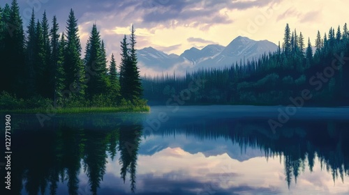Tranquil dusk scene with trees reflecting on calm lake surrounded by mountains in a serene wilderness landscape