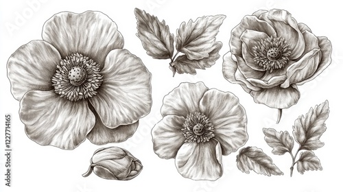 Sepia toned botanical illustration featuring detailed drawings of poppies and roses, showcasing intricate petal textures and leaf formations against