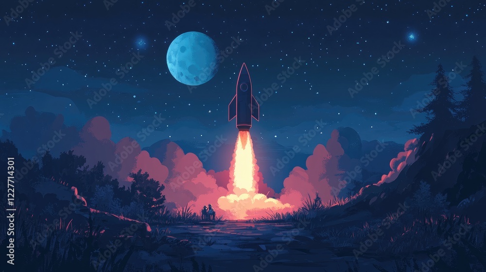 Rocket ship launching in a starry night sky with a glowing moon and vibrant rocket flames illuminating the landscape. Rocket ship launching in a starry night sky with a glowing moon and vibrant rocket flames illuminating the landscape.