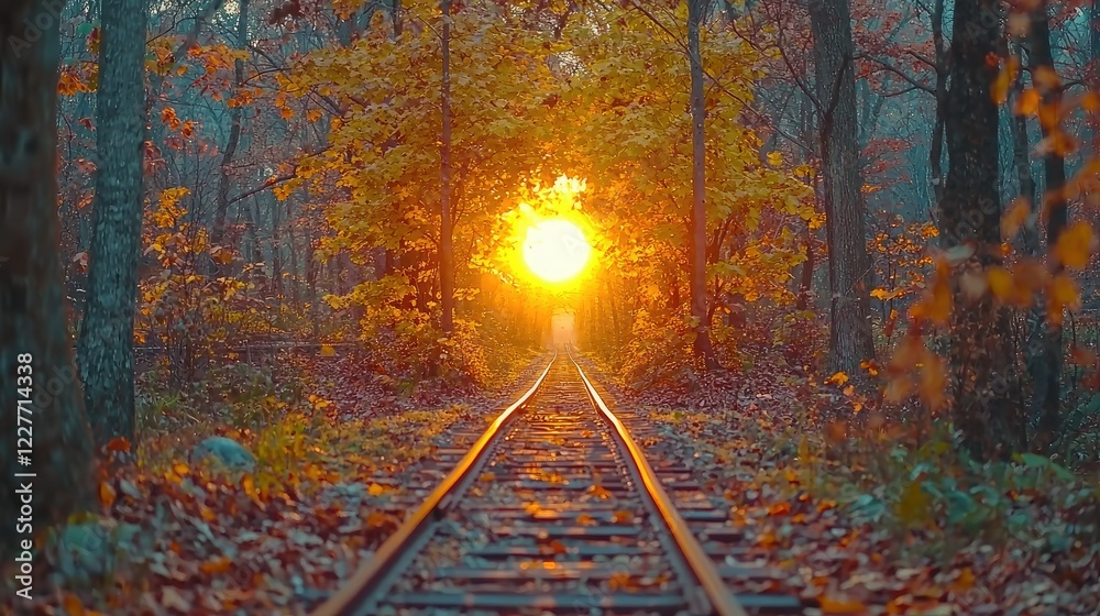 Naklejka premium Autumn Sunset Through Forest Railway Tracks