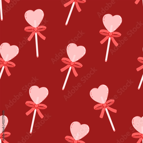 Seamless pattern with heart shaped caramel lollipop with ribbon bow. Holiday background of sweet candy stick. Happy valentine day confection. Symbol of love. Flat vector illustration on red background