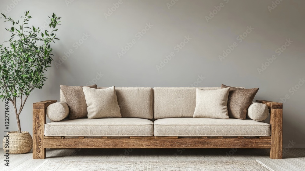 Fototapeta premium Scandinavian style living room with wooden sofa, cozy decor, and fresh greenery highlighting an empty wall for design mockups