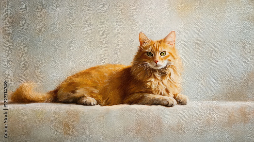 Studio portrait of a fluffy orange cat resting on a light backdrop with ample space for text or captions. Studio portrait of a fluffy orange cat resting on a light backdrop with ample space for text or captions.