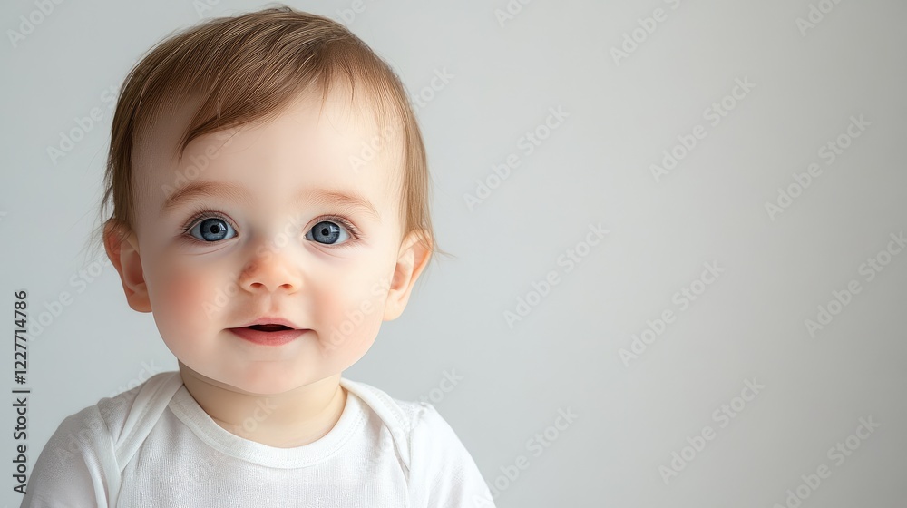 Cute baby portrait with bright blue eyes and light brown hair against a soft white backdrop in studio photography setting. Cute baby portrait with bright blue eyes and light brown hair against a soft white backdrop in studio photography setting.