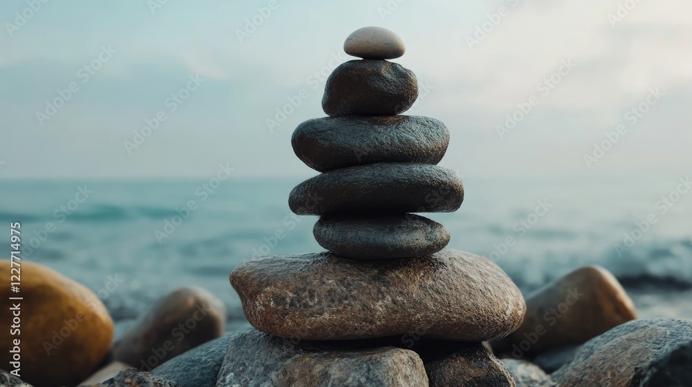 Fototapeta premium Balanced Stones Symbolizing Serenity and Mindfulness on a Peaceful Beach Landscape