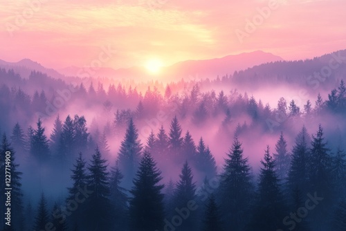 Sunlight pierces through mist, illuminating dense pine trees