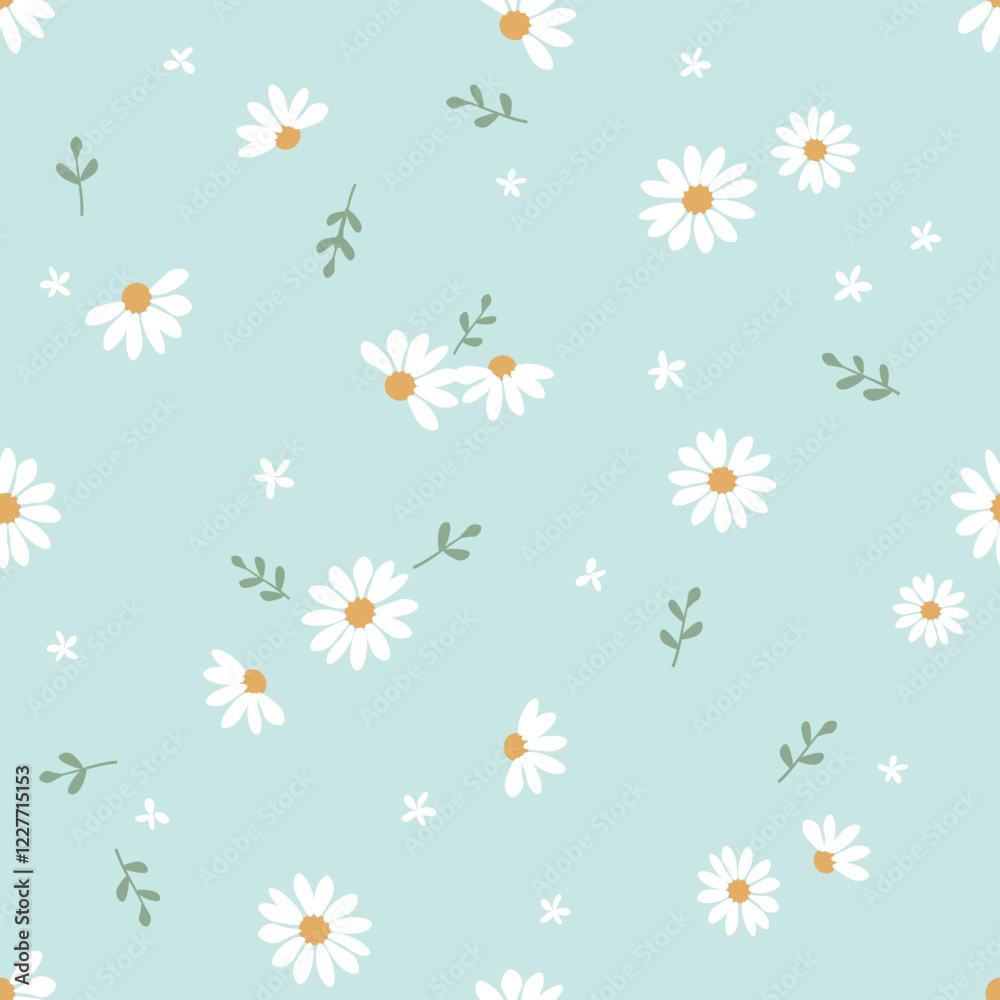Seamless pattern with daisy chamomile flower and branch on green background vector. Seamless pattern with daisy chamomile flower and branch on green background vector.