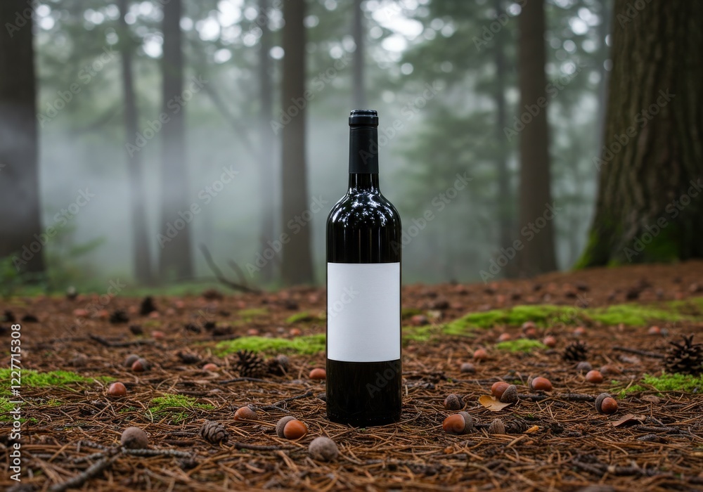 Wine bottle in misty forest with mossy stone surface and nature-inspired rustic elegance Wine bottle in misty forest with mossy stone surface and nature-inspired rustic elegance