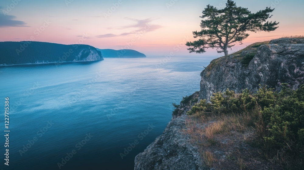 Tranquil Coastal Scene from Elevated Cliff with Distant Islands During Twilight with Soft Pastel Colors Tranquil Coastal Scene from Elevated Cliff with Distant Islands During Twilight with Soft Pastel Colors