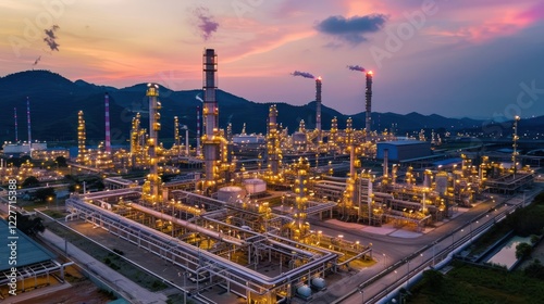 Industrial complex illuminated at dusk with smokestacks and machinery against a vibrant sky