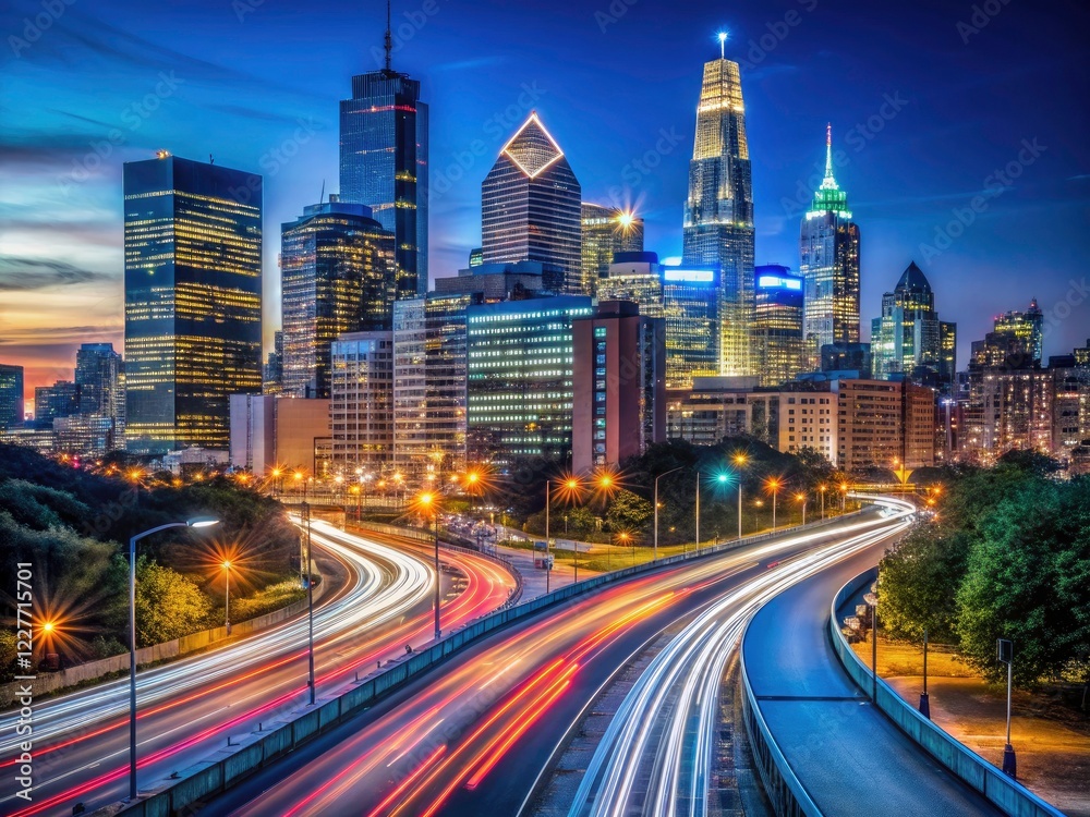 Fototapeta premium Dramatic long exposure captures Philadelphia's skyline at night, a vertical panorama of urban lights.