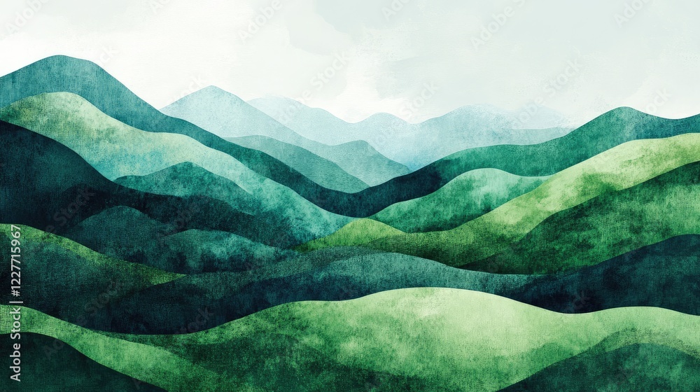 Vibrant Rolling Mountains with Green Hills and Soft Foggy Sky in an Abstract Watercolor Design