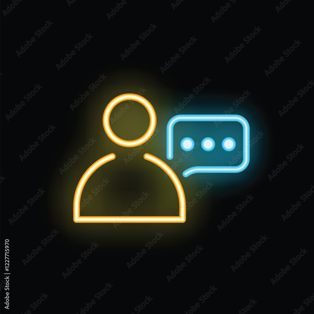 Abstract neon icon of a person with a speech bubble, symbolizing communication and online messaging